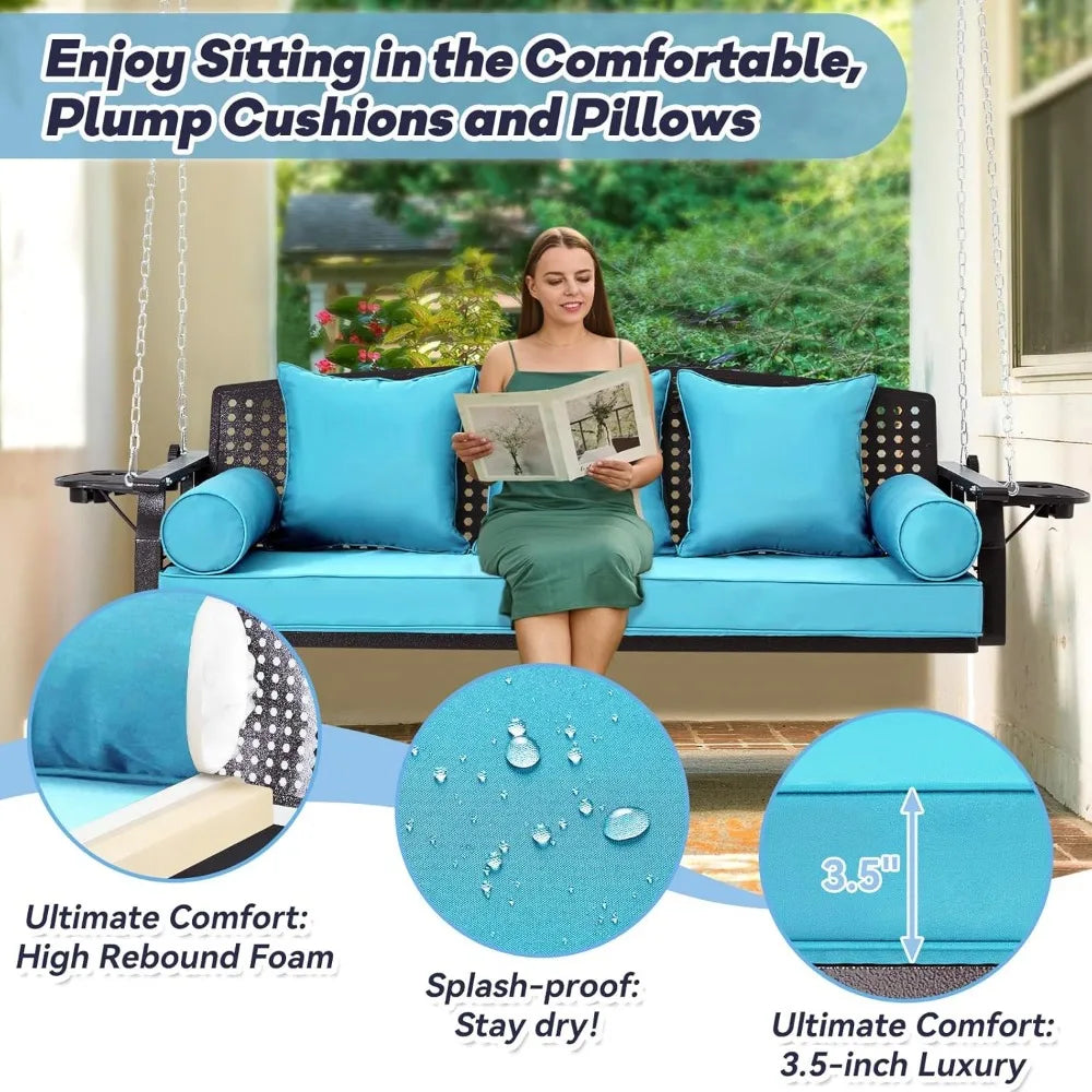 3 Seat Porch Swing, Patio Swing Bench with Cup Holders - Cheerful Home Finds