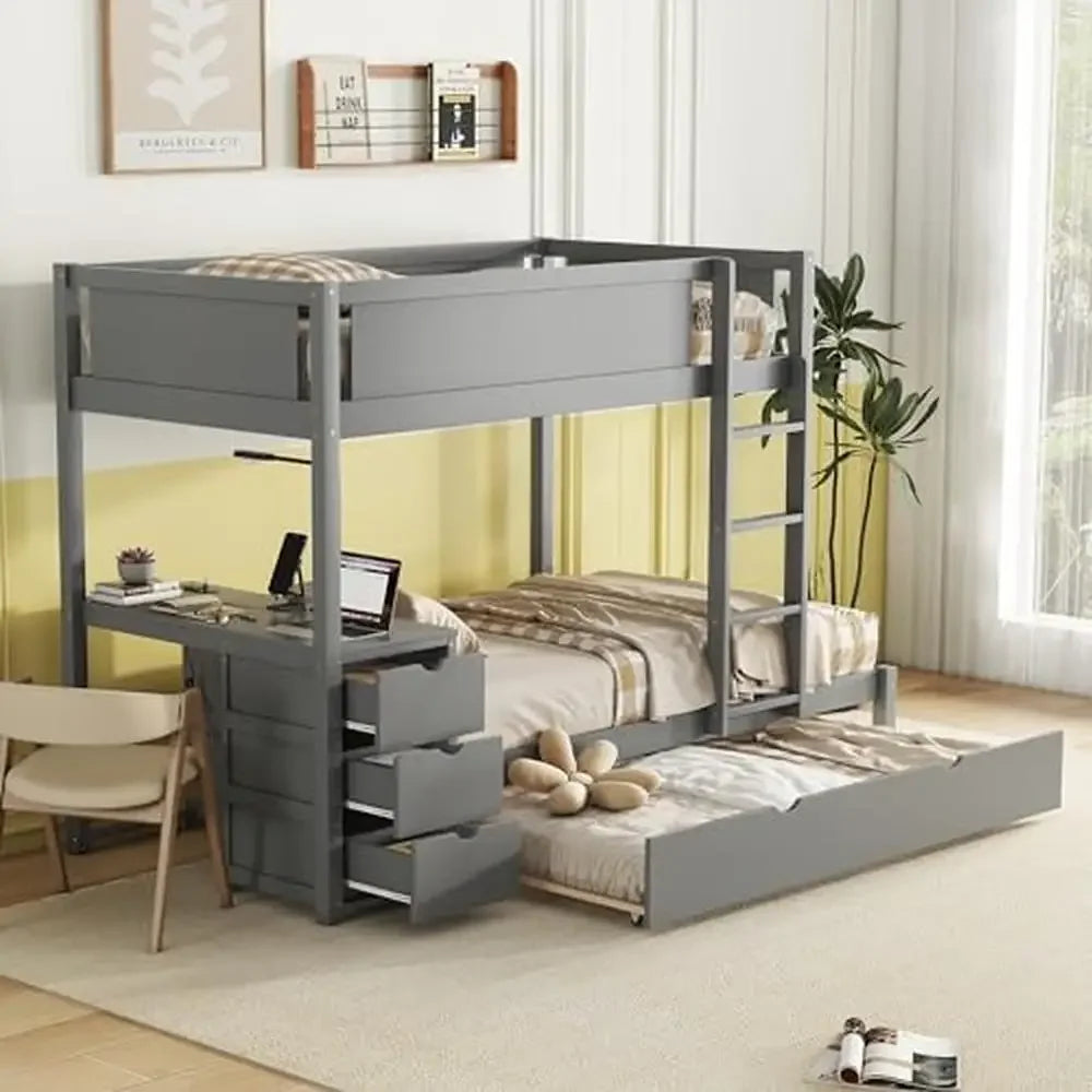 Twin Over Twin Bunk Beds with Desk Storage Drawers Trundle Charging Station Kids Teens Girls Gray Wood Frame 65.4"H 300 lbs - Cheerful Home Finds