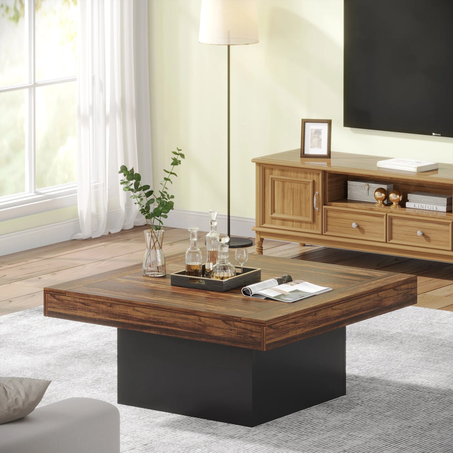 Tribesigns Square LED Coffee Table Engineered Wood Low Coffee Table for Living Room Rustic Brown and Black
