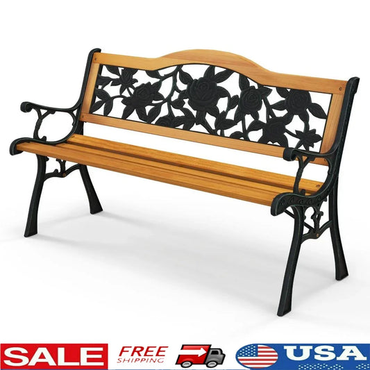 Durable Outdoor Garden Bench Cast Iron Hardwood Furniture Weather Resistant Park Loveseat Chair Patio Yard Relaxing