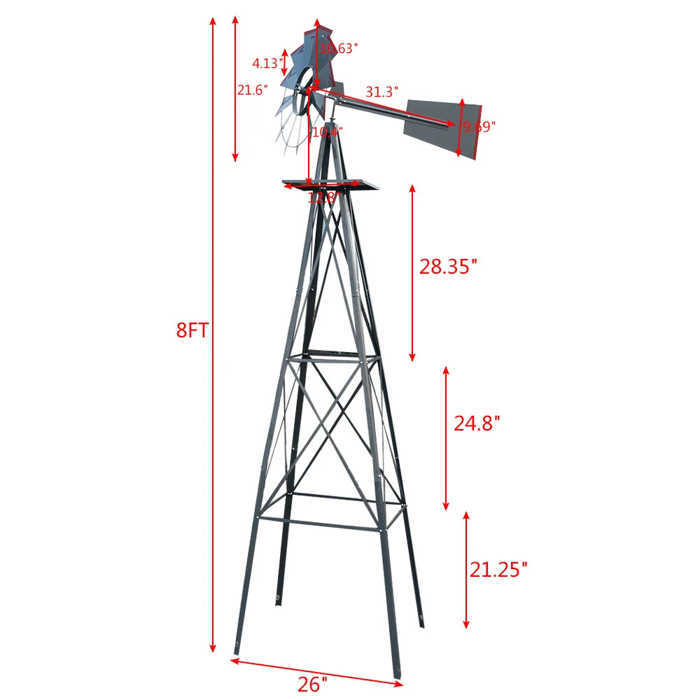 8FT Weather Resistant Yard Garden Windmill Gray and Red - Cheerful Home Finds