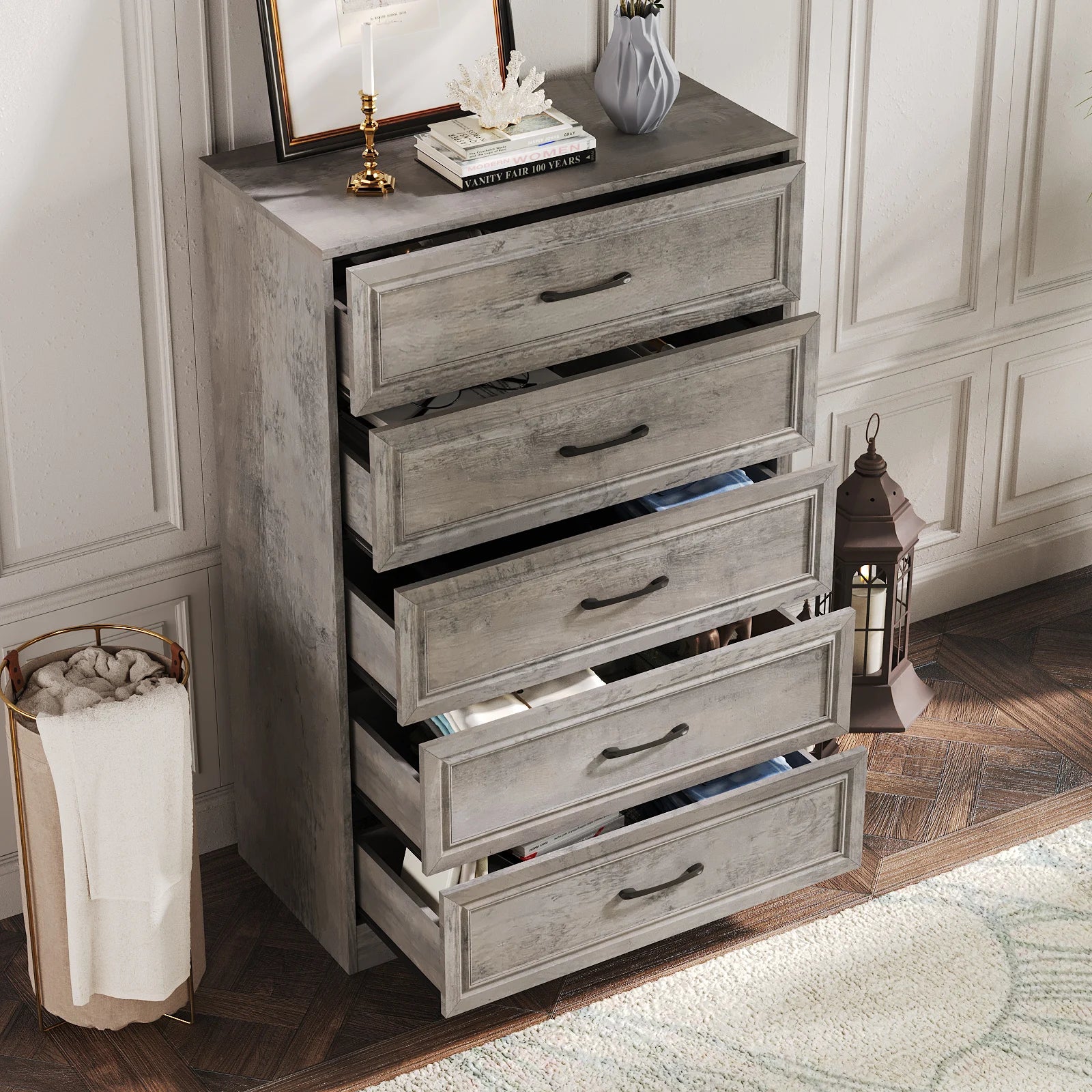 Vabches Wooden Dresser for Bedroom 47 Inch Tall 5 Drawer Storage Organizer with Metal Handles - Cheerful Home Finds