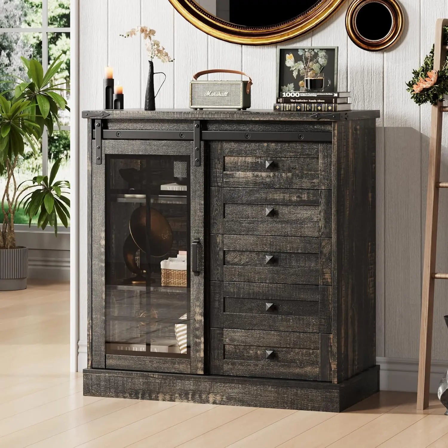 Vabches Dresser for Bedroom 6 Drawer with Glass Door - Cheerful Home Finds