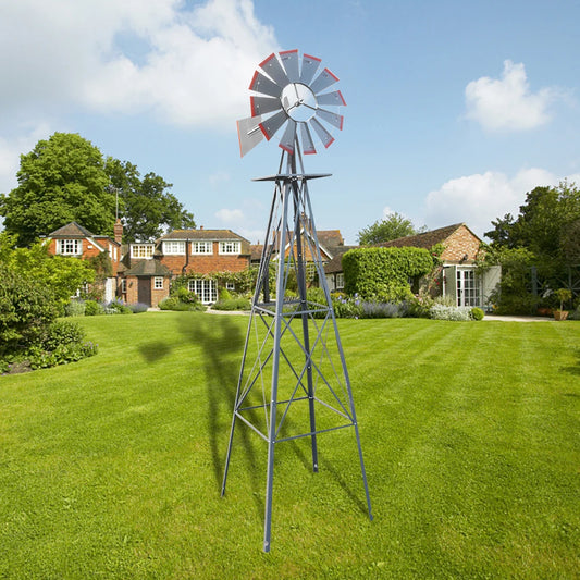 8FT Weather Resistant Yard Garden Windmill Gray and Red - Cheerful Home Finds