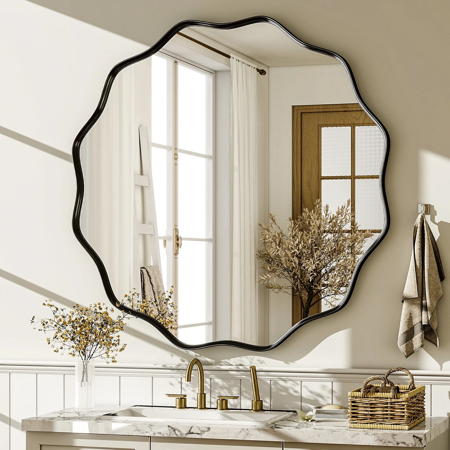 Wavy Round Bathroom Mirror Decorative Wall Mirror with Deep Frame - Cheerful Home Finds