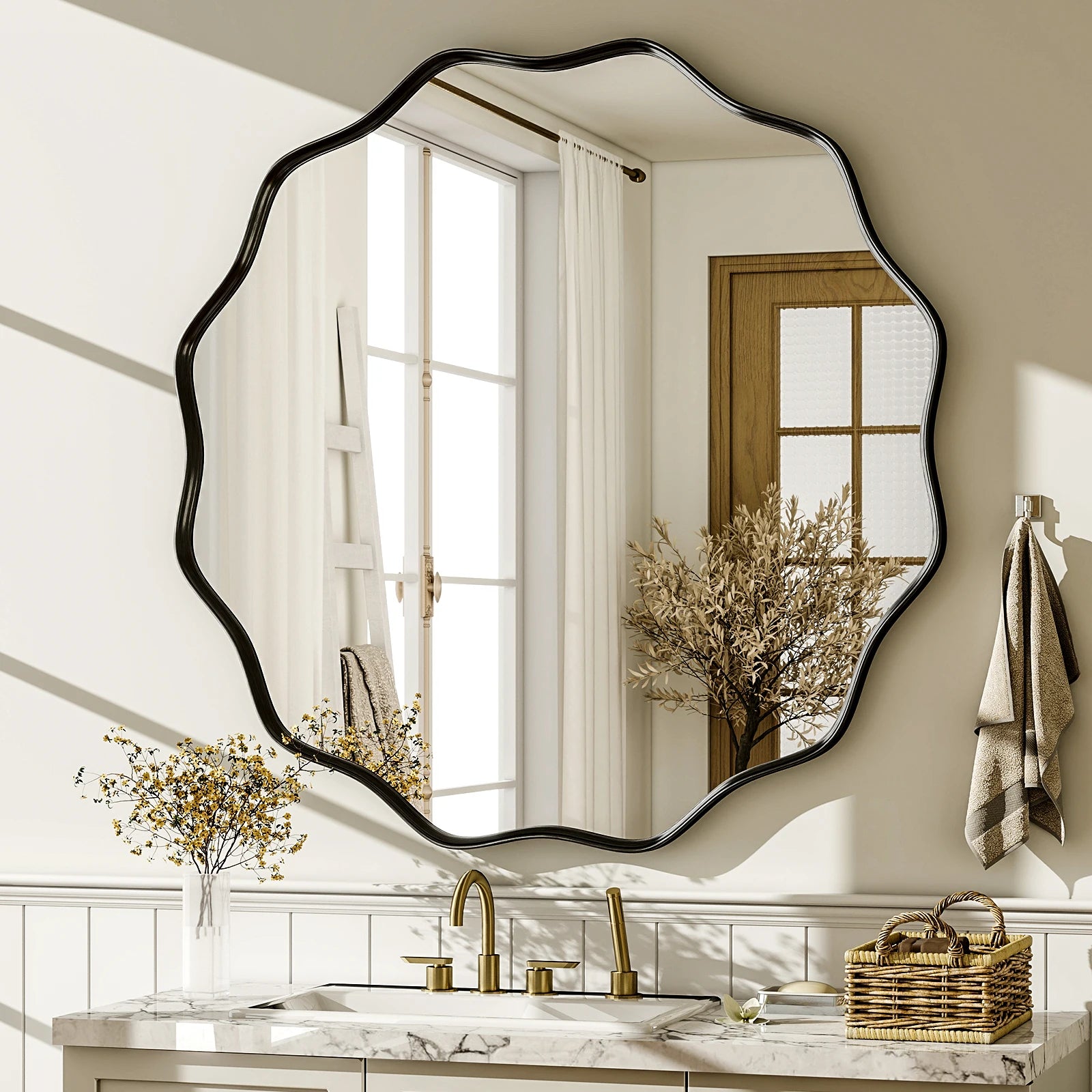 Wavy Round Bathroom Mirror Decorative Wall Mirror with Deep Frame - Cheerful Home Finds