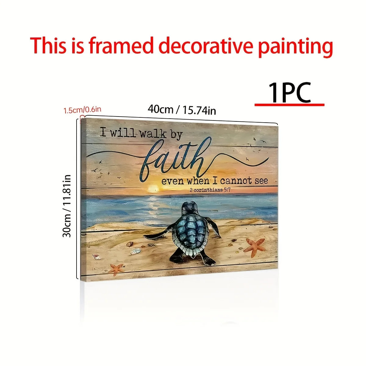 1PC Wood Framed Landscape Canvas Painting Turtle Beach Poster Christian Gift I Will Walk By Faith Home Decoration - Cheerful Home Finds