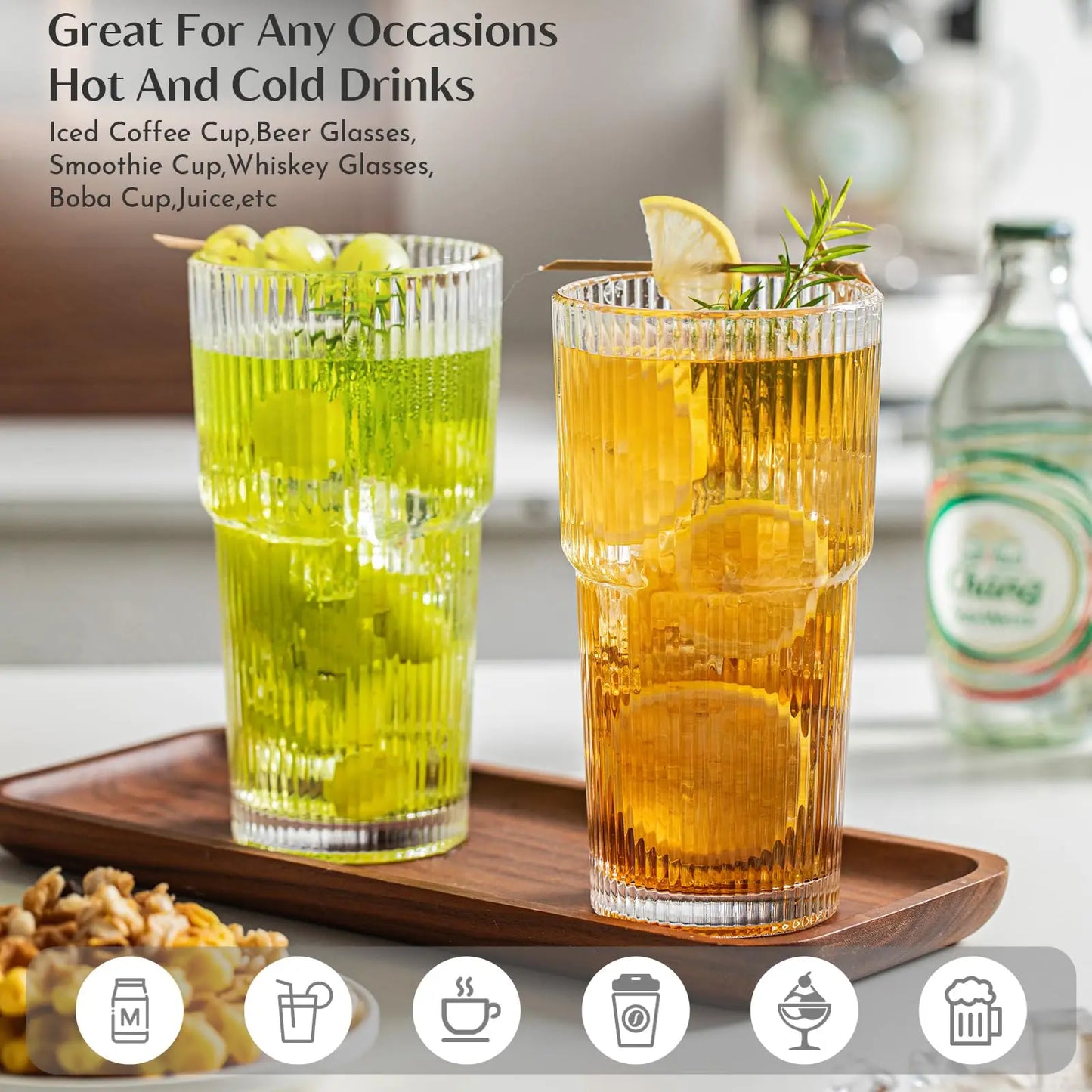 KEMORELA 20oz Ribbed Glass Tumbler Set of 4 for Drinks - Cheerful Home Finds