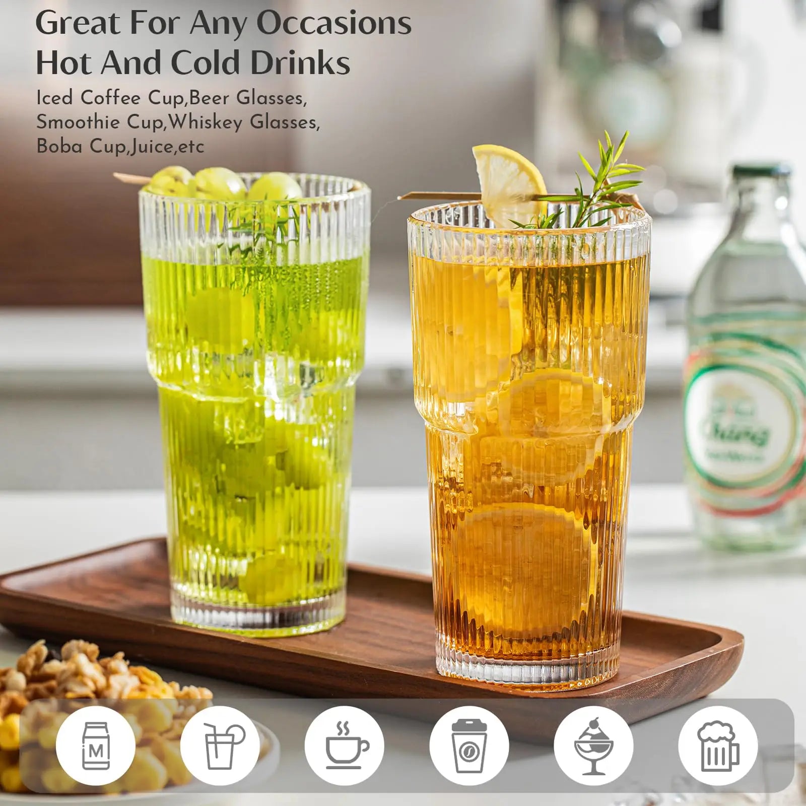 KEMORELA 20oz Ribbed Glass Tumbler Set of 4 for Drinks - Cheerful Home Finds