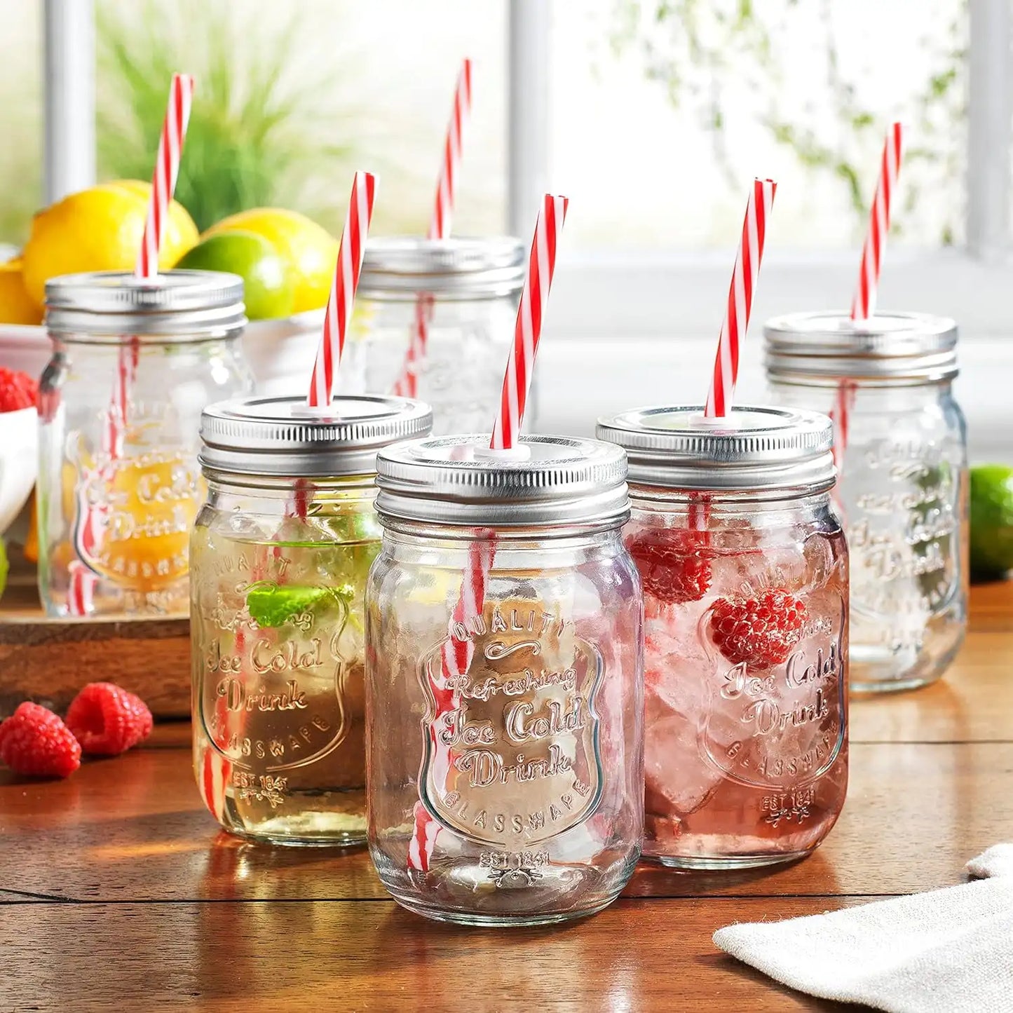 Jar Glass Set Ice Cold Mason Jar Cups with Lids and Straws 15 Oz - Cheerful Home Finds