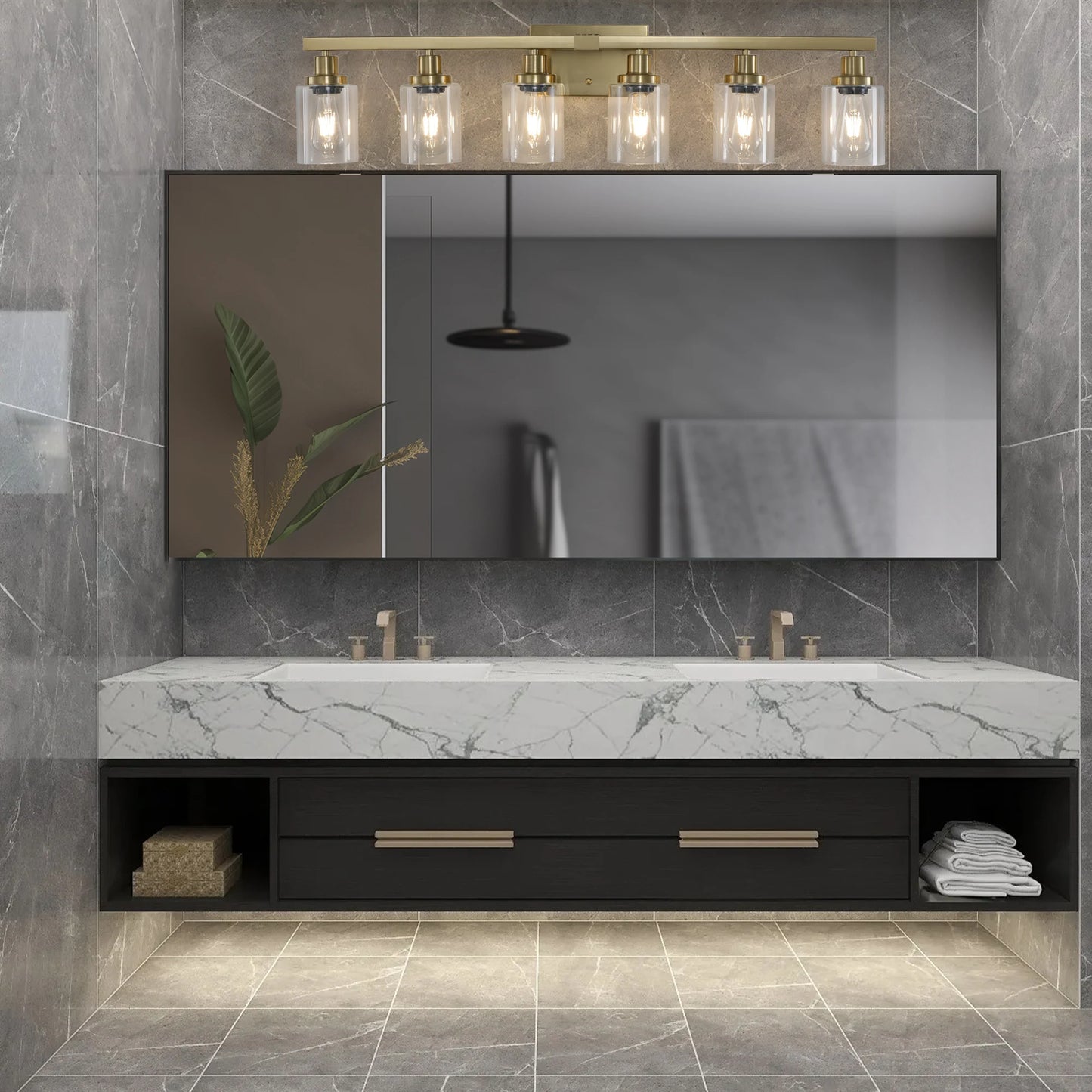 6 Light Bathroom Vanity Light Industrial Metal Fixture with Clear Glass Shades Wall Mount Mirror Lighting for Bathroom No Bulb