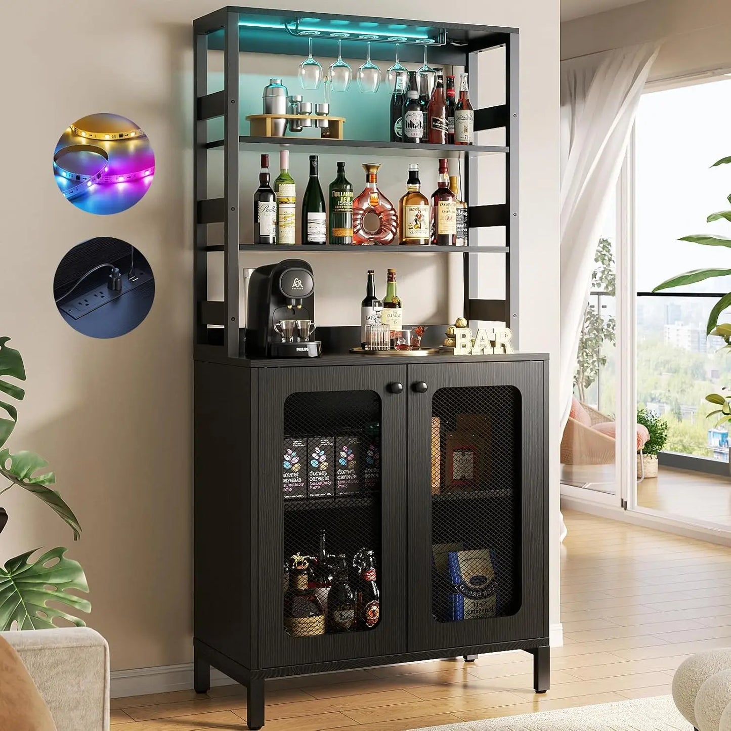 Bar Cabinet with Power Outlets, 67 Inch Tall Wine Bar - Cheerful Home Finds
