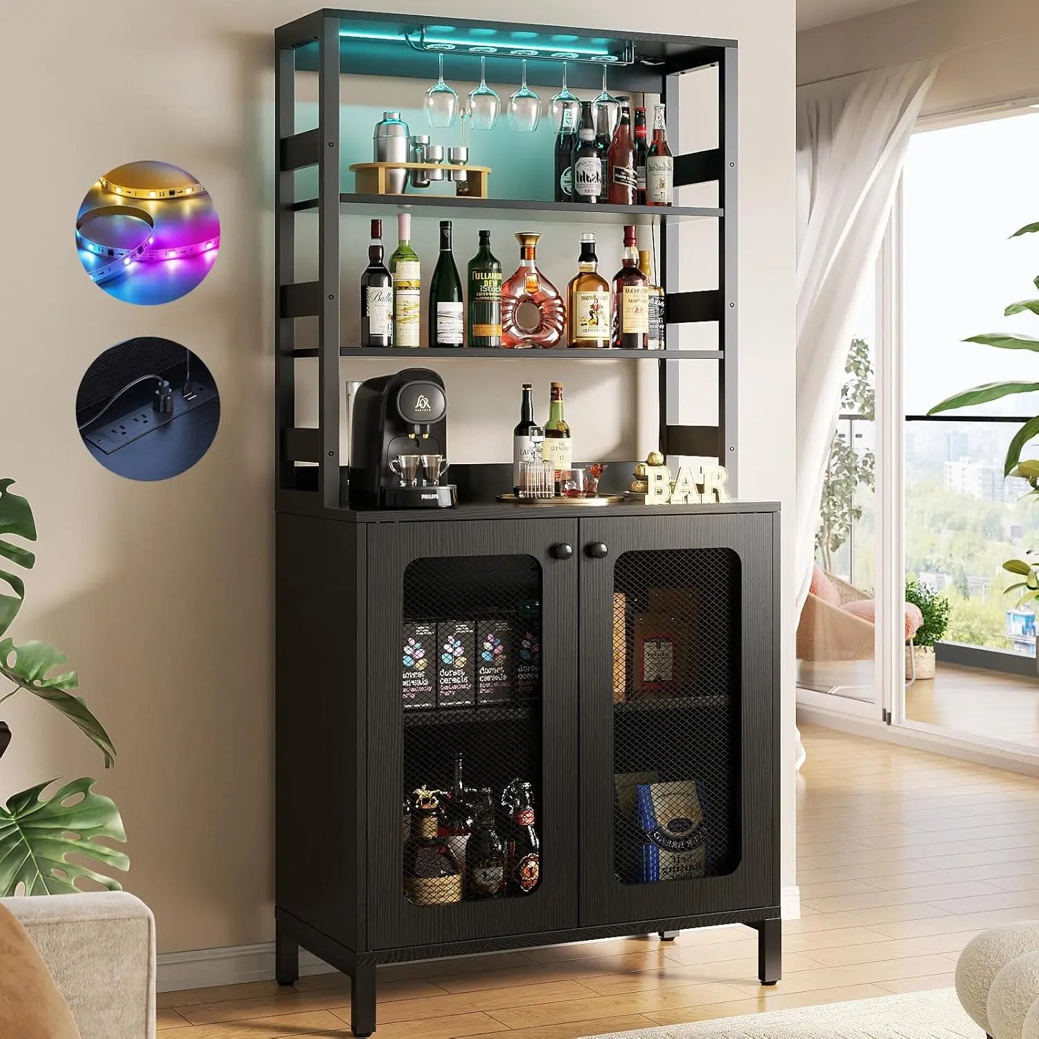 Bar Cabinet with Power Outlets, 67 Inch Tall Wine Bar - Cheerful Home Finds
