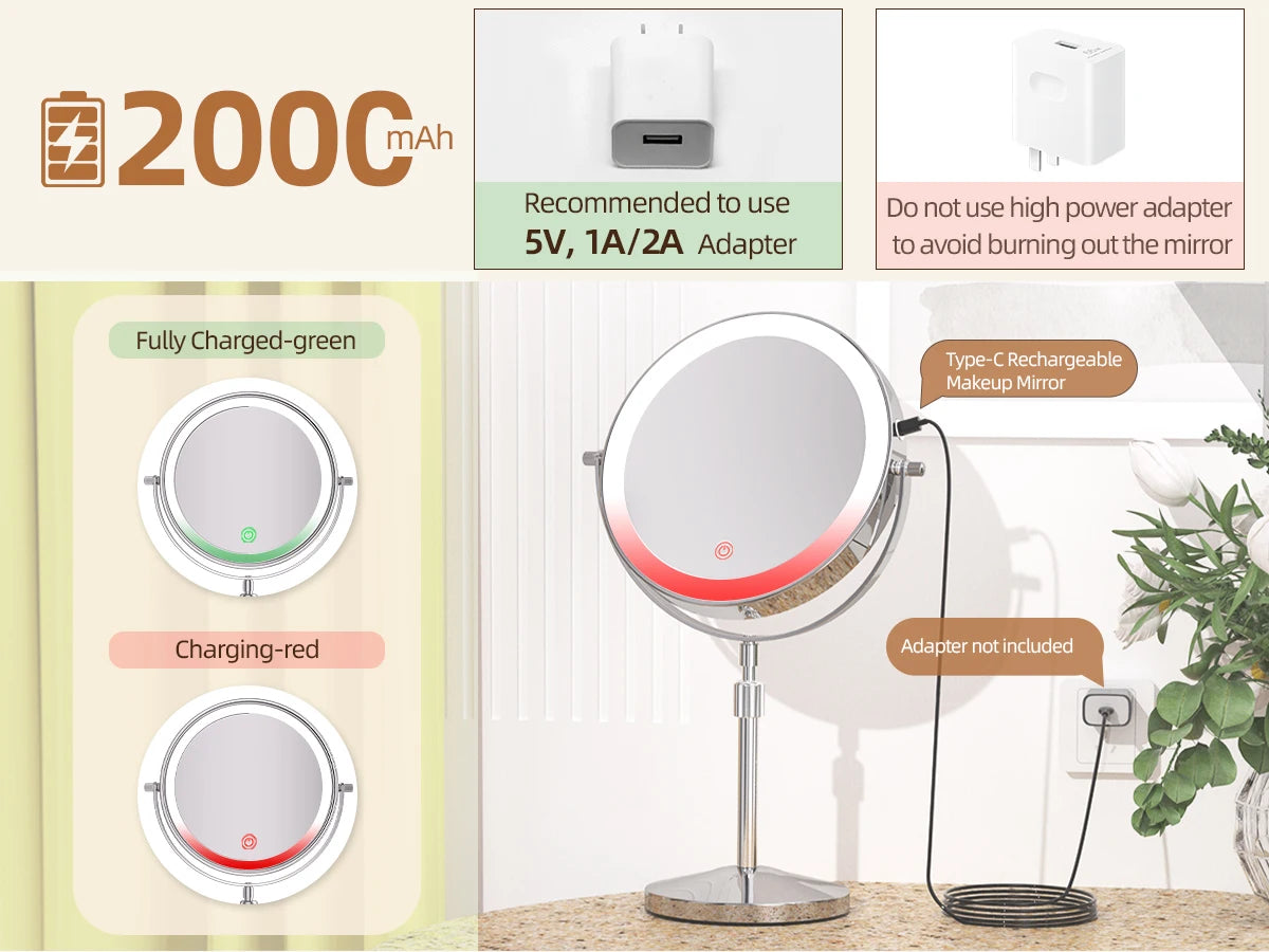 8 Inch Makeup Mirror With Light Lamp 10X Magnification 3 Color Lights Adjustable Brightness Height Standing Mirror - Cheerful Home Finds