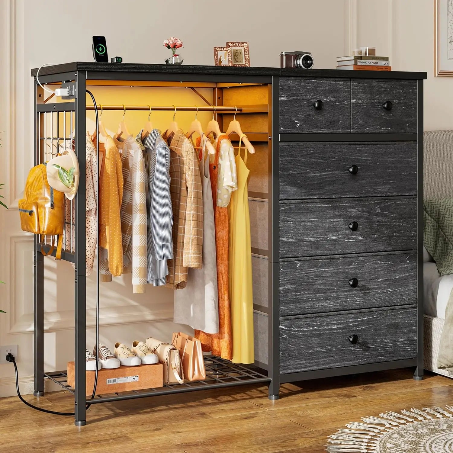 49.2 Inch White Dresser for Bedroom with Hanging Rack and Six Drawers LED Lights and Charging Station Fabric Dressers - Cheerful Home Finds