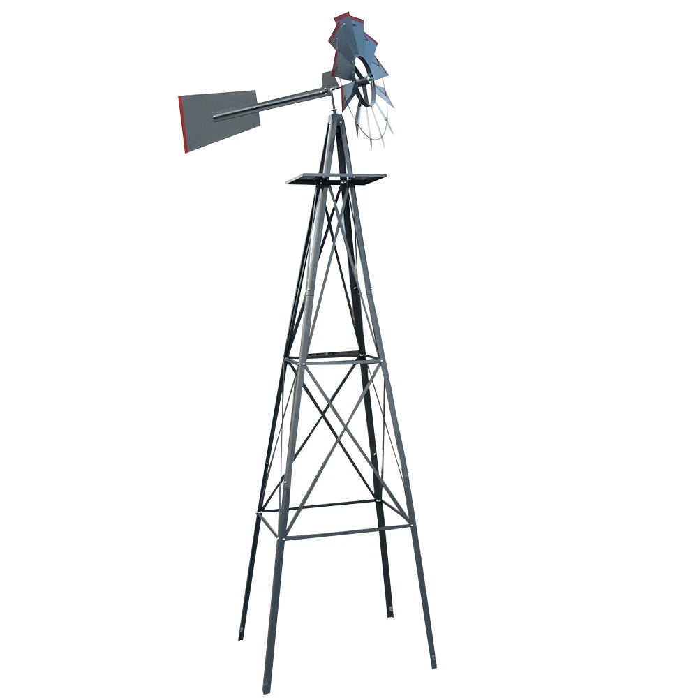 8FT Weather Resistant Yard Garden Windmill Gray and Red - Cheerful Home Finds