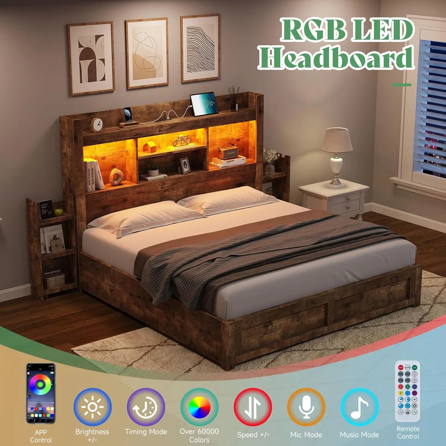 Queen Bed Frame With 4 Storage Drawers Wood Bed Frame With 49.6 Inch Tall Bookcase Headboard LED Platform Bed With Charging - Cheerful Home Finds