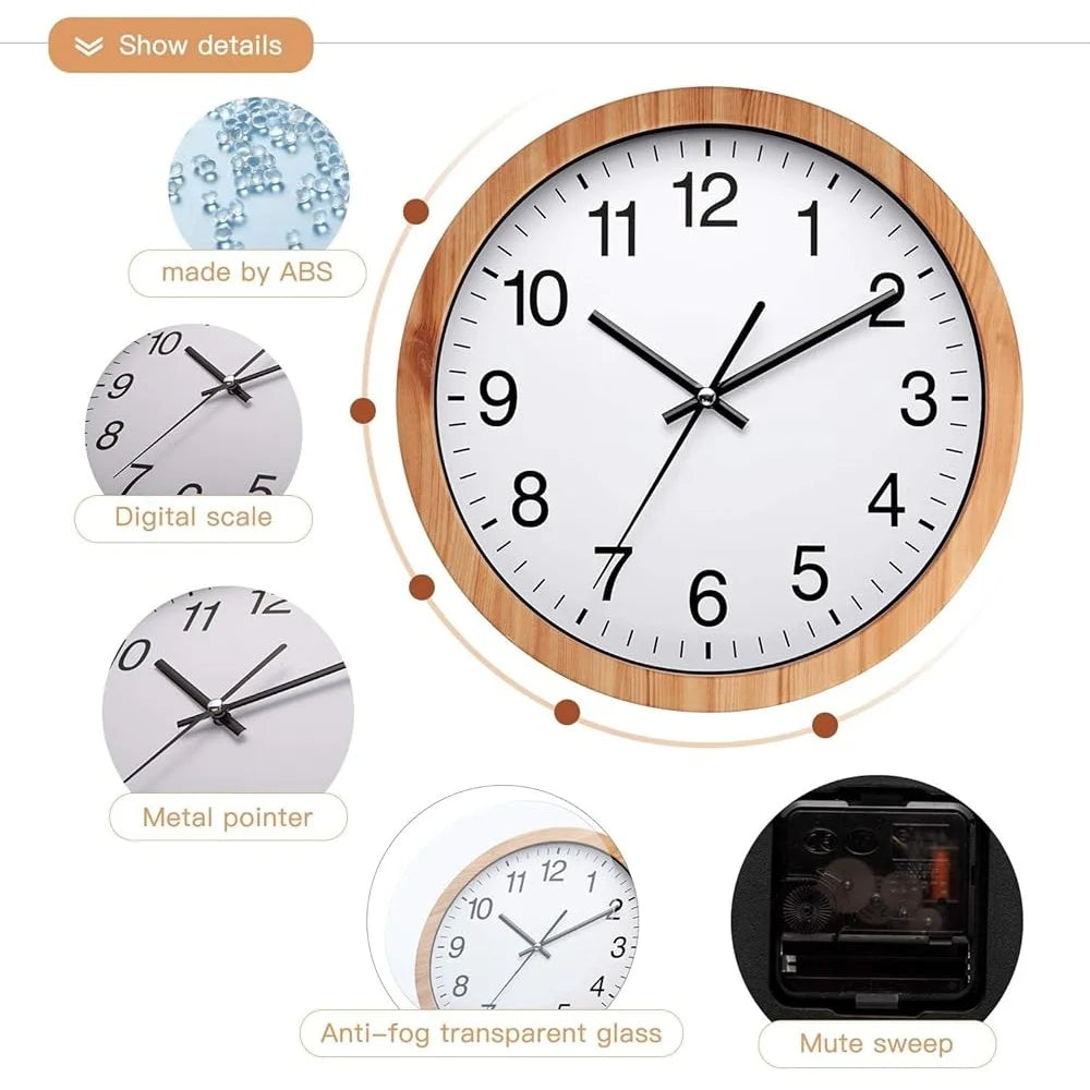 10 Inch Silent Wall Clock Retro Wooden Design Non Ticking Quartz Clock Home Office Decor Living Room Bedroom