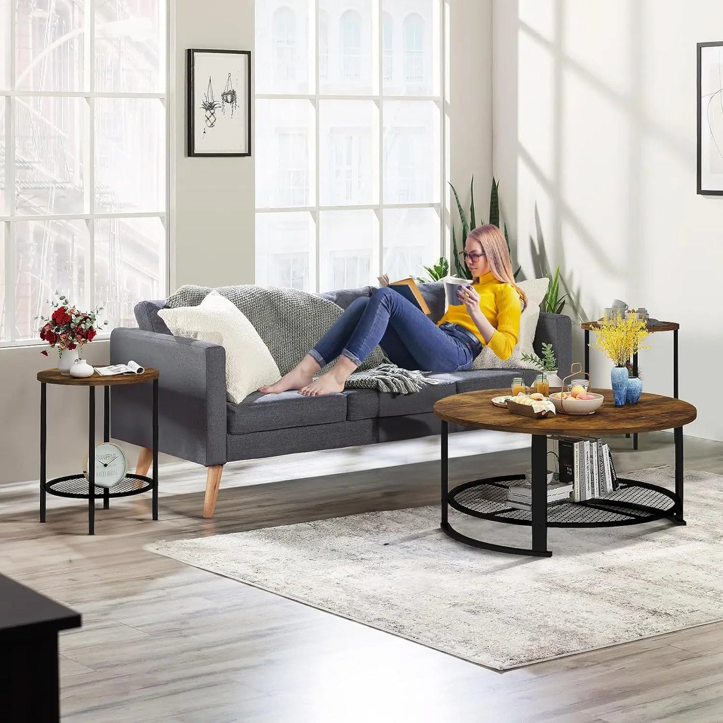 Coffee Table Set with Two End Side Tables Modern 3-Piece Living Room Table Set