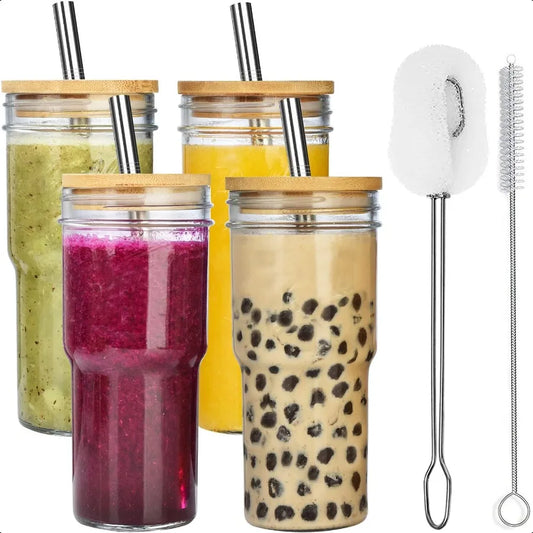 4 Pack Glass Cups with Bamboo Lids and Straws 24 oz Mason Jar Glass Tumblers Reusable Boba Cups Iced Coffee Drinking Glasses