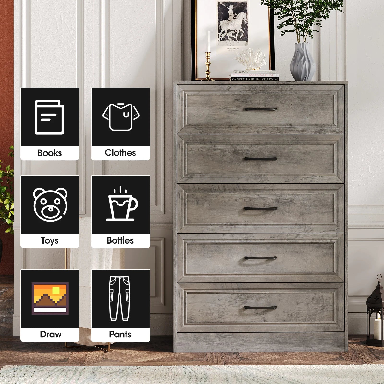 Vabches Wooden Dresser for Bedroom 47 Inch Tall 5 Drawer Storage Organizer with Metal Handles - Cheerful Home Finds