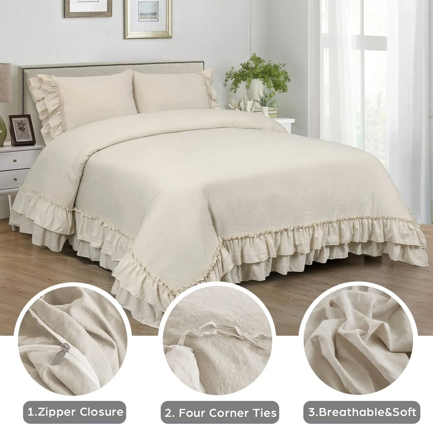 3 Piece Ruffled Duvet Cover Set Queen Farmhouse Ruffle - Cheerful Home Finds