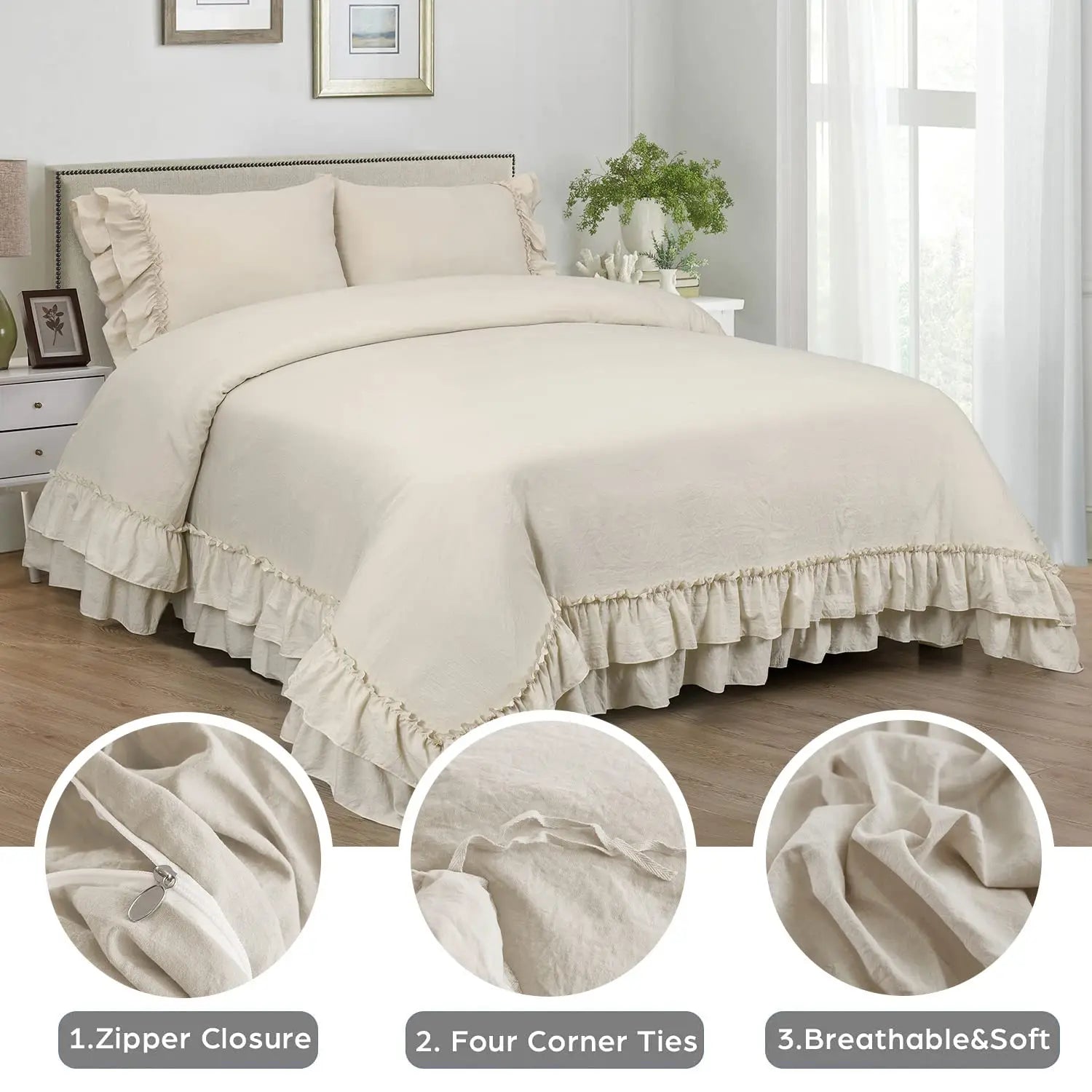 3 Piece Ruffled Duvet Cover Set Queen Farmhouse Ruffle - Cheerful Home Finds