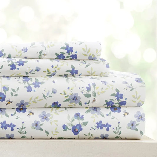 4 Piece Queen Sheet Set Light Blue Floral Ultra Soft Cooling Bed Sheets - Cheerful Home Finds