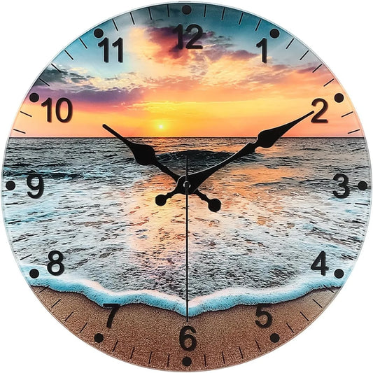12 Inch Silent Non Ticking Wall Clock Beach Sunrise Glass Battery Operated Analog Clock for Bedroom Living Room Kitchen Office