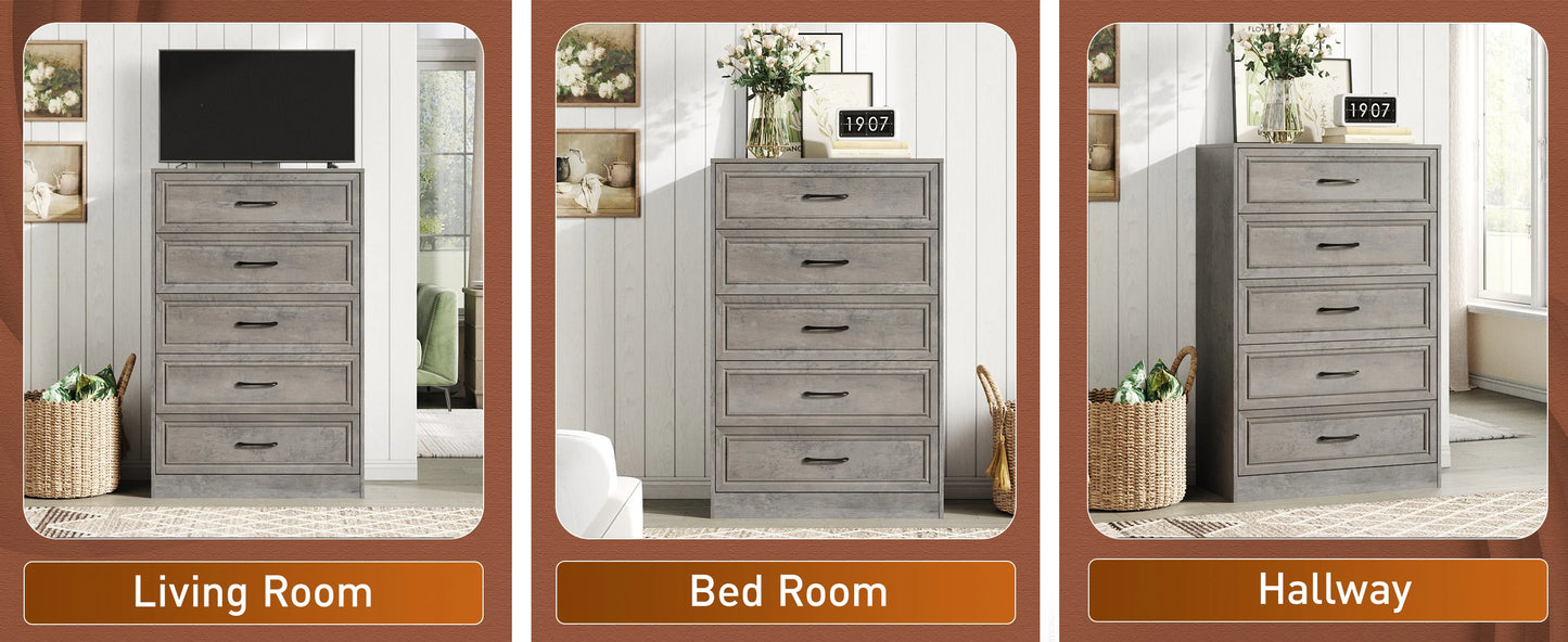 Vabches Wooden Dresser for Bedroom 47 Inch Tall 5 Drawer Storage Organizer with Metal Handles - Cheerful Home Finds