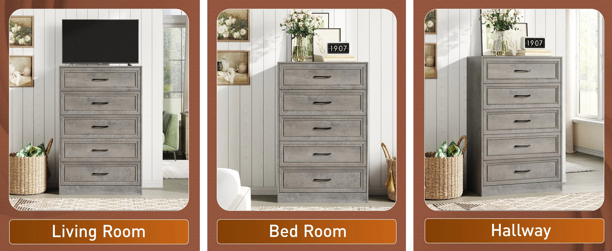 Vabches Wooden Dresser for Bedroom 47 Inch Tall 5 Drawer Storage Organizer with Metal Handles - Cheerful Home Finds
