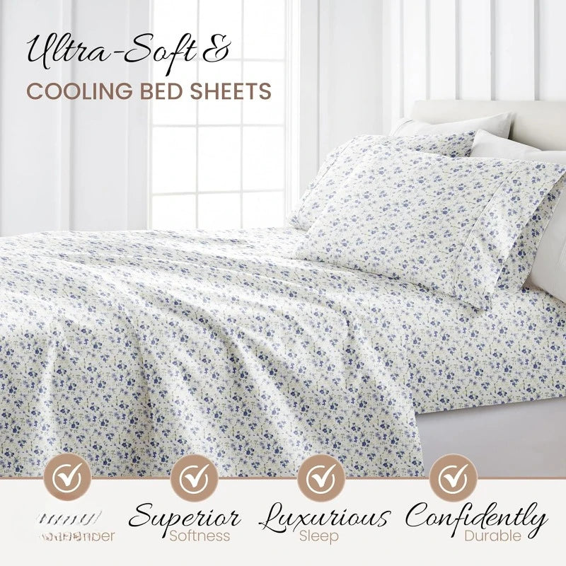 4 Piece Queen Sheet Set Light Blue Floral Ultra Soft Cooling Bed Sheets - Cheerful Home Finds