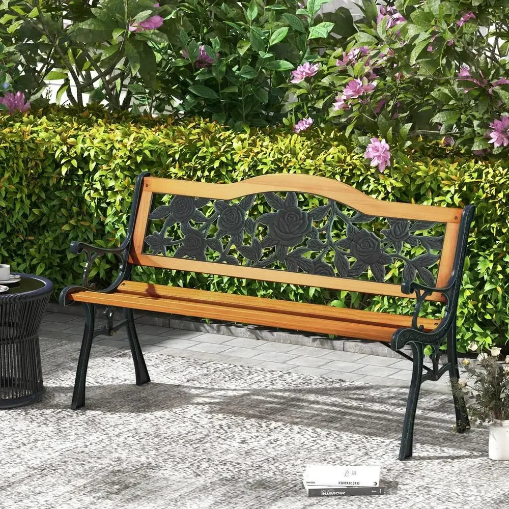 Durable Outdoor Garden Bench Cast Iron Hardwood Furniture Weather Resistant Park Loveseat Chair Patio Yard Relaxing