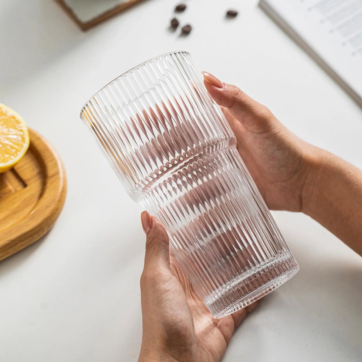 KEMORELA 20oz Ribbed Glass Tumbler Set of 4 for Drinks - Cheerful Home Finds