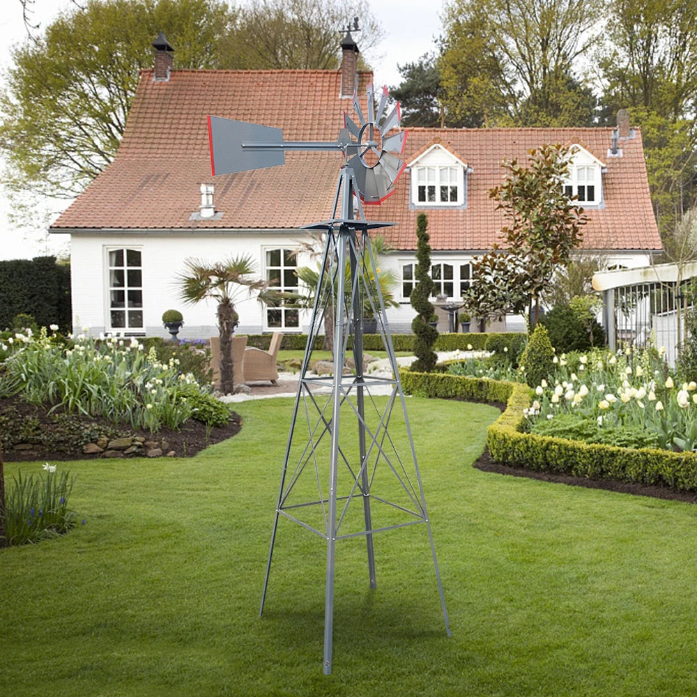 8FT Weather Resistant Yard Garden Windmill Gray and Red - Cheerful Home Finds