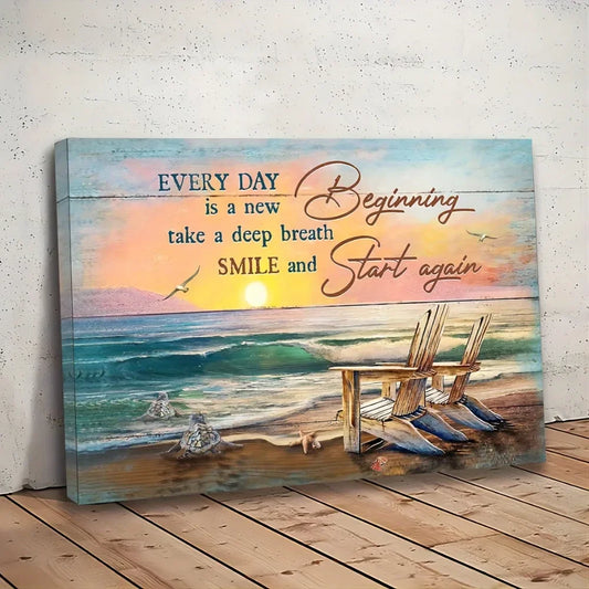 1 1.5 Inch Thick Pine Frame Canvas Wall Art Beach Sunset Scene Inspirational Quote Every Day Is A New Beginning