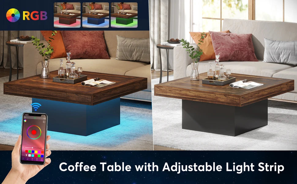 Tribesigns Square LED Coffee Table Engineered Wood Low Coffee Table for Living Room Rustic Brown and Black