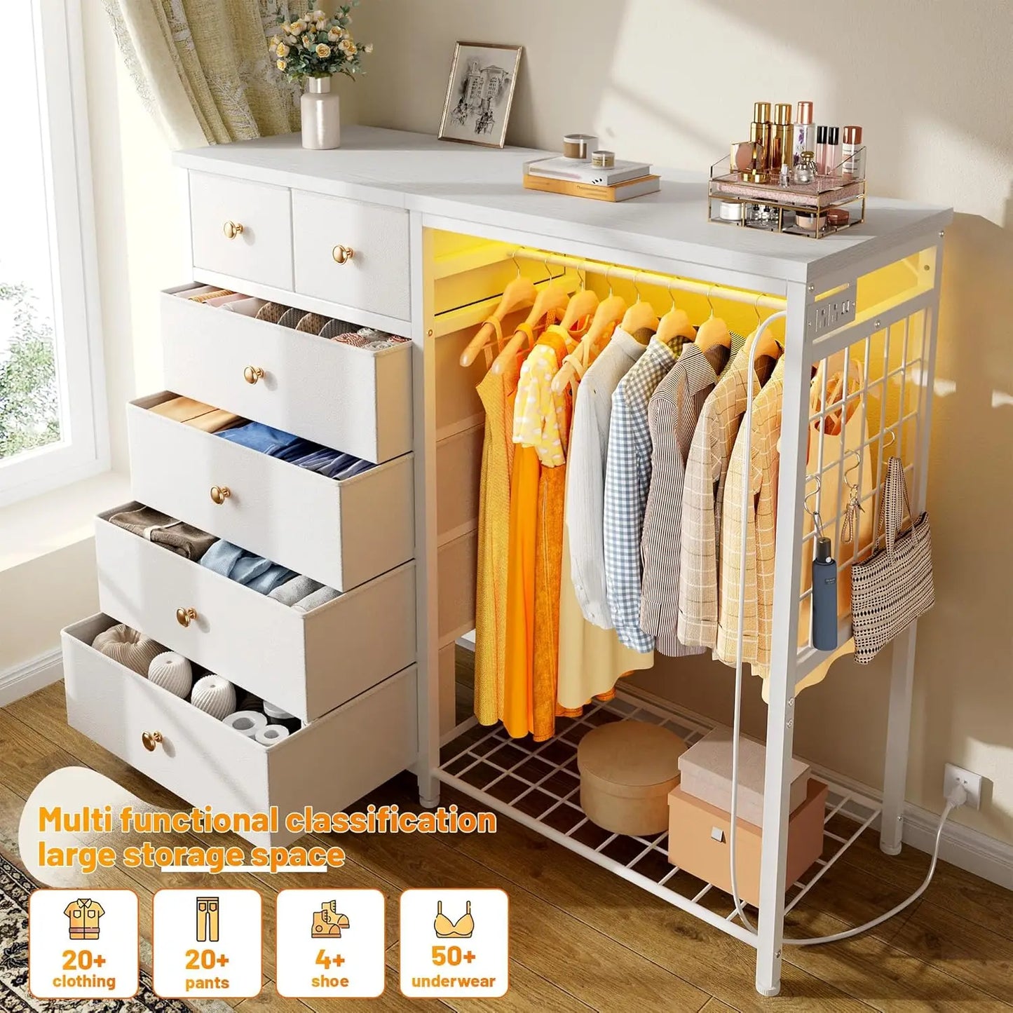49.2 Inch White Dresser for Bedroom with Hanging Rack and Six Drawers LED Lights and Charging Station Fabric Dressers - Cheerful Home Finds