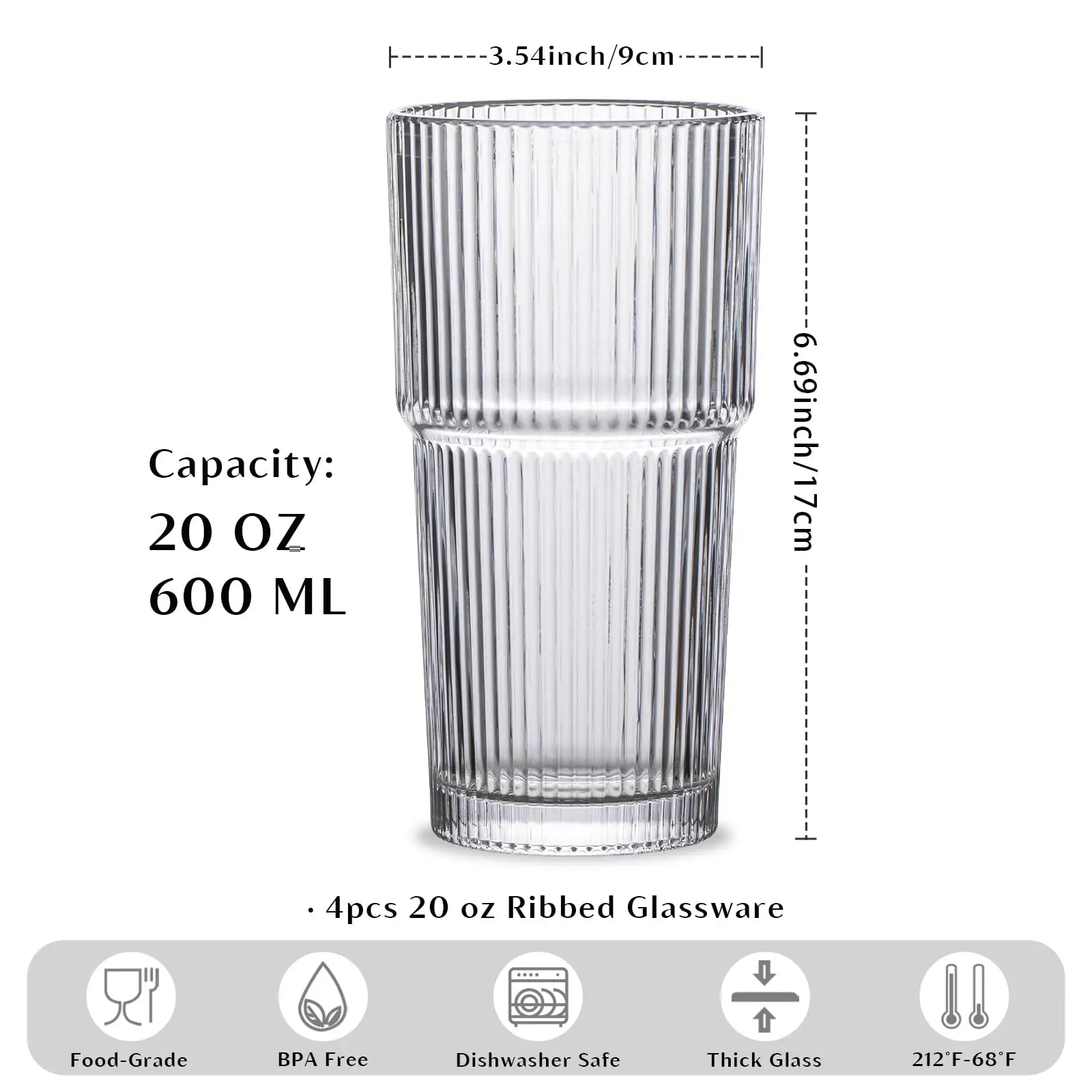 KEMORELA 20oz Ribbed Glass Tumbler Set of 4 for Drinks - Cheerful Home Finds