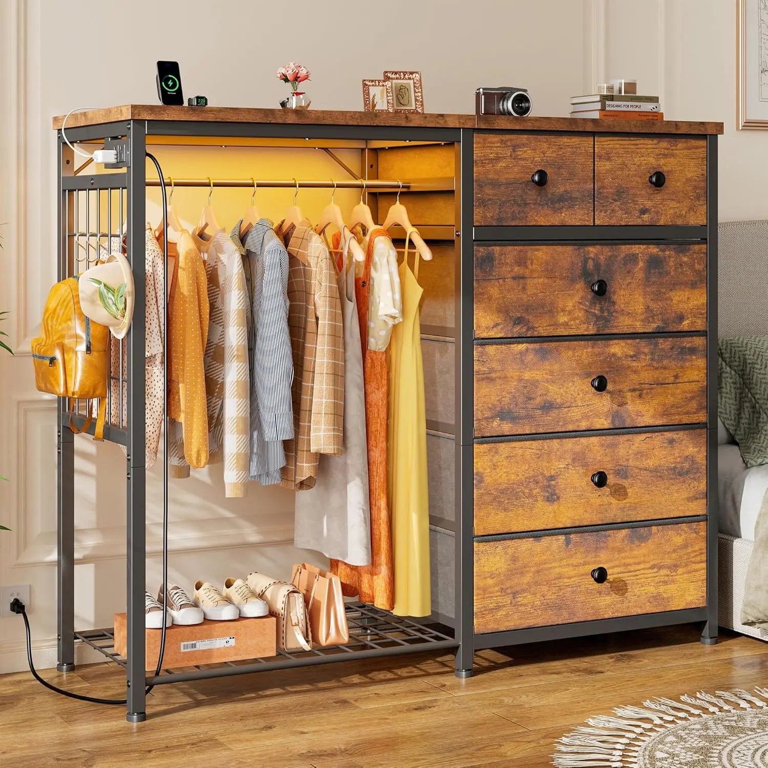 49.2 Inch White Dresser for Bedroom with Hanging Rack and Six Drawers LED Lights and Charging Station Fabric Dressers - Cheerful Home Finds