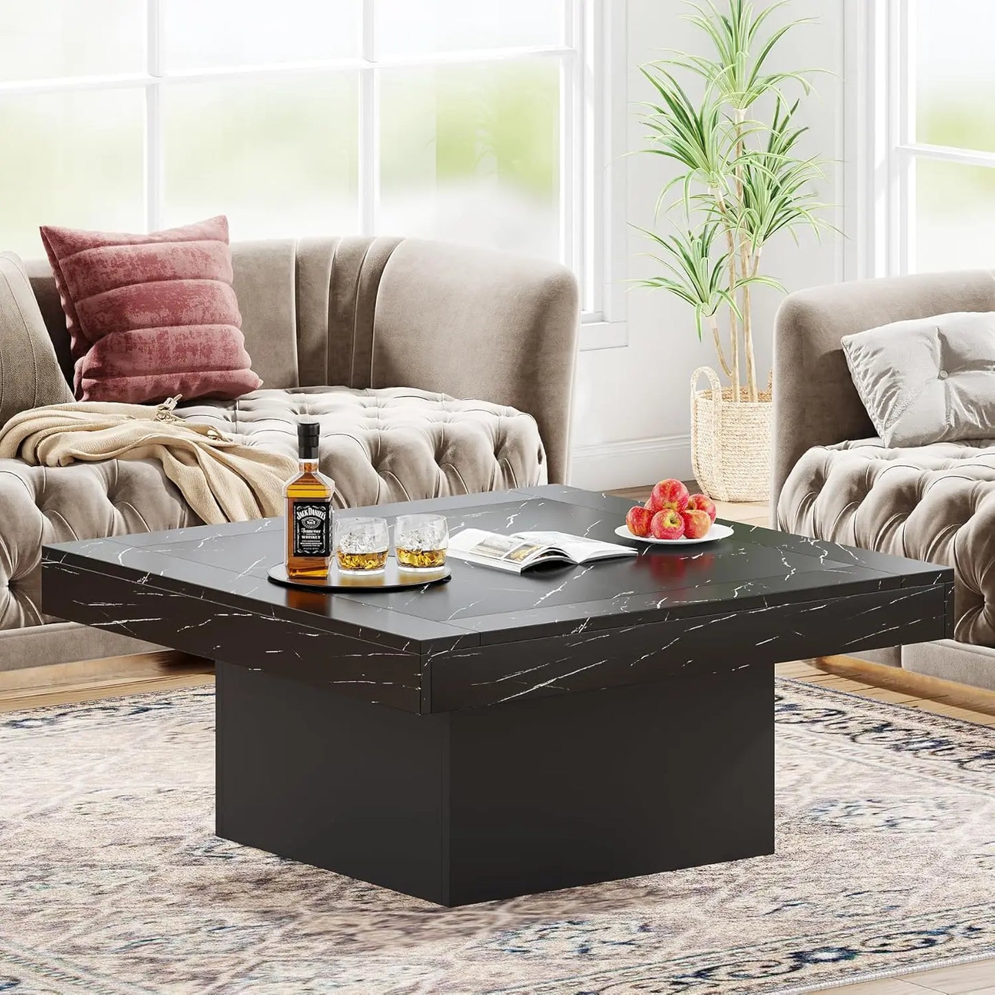 Tribesigns Square LED Coffee Table Engineered Wood Low Coffee Table for Living Room Rustic Brown and Black
