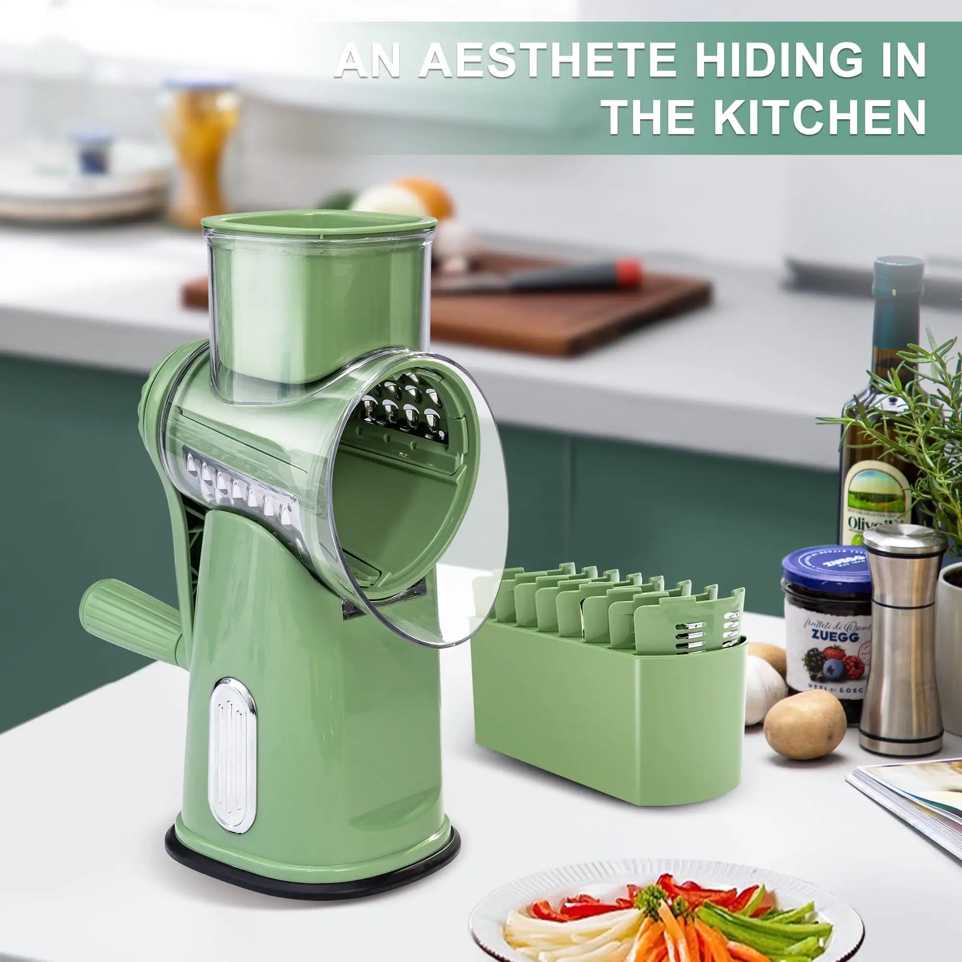 Rotary Cheese Grater with Handle Food Shredder and 5 Well Designed Blades with Strong Suction Base Round Mandoline Slicer - Cheerful Home Finds