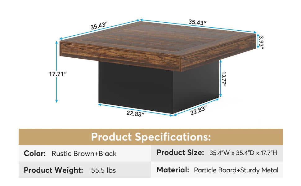 Tribesigns Square LED Coffee Table Engineered Wood Low Coffee Table for Living Room Rustic Brown and Black