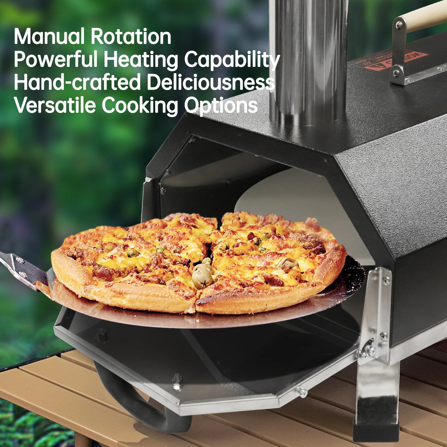 Outdoor Semi-Automatic Rotating Pizza Oven Portable Stainless Steel Wood Fired Pizza Machine with Thermometer Pizza Knife - Cheerful Home Finds