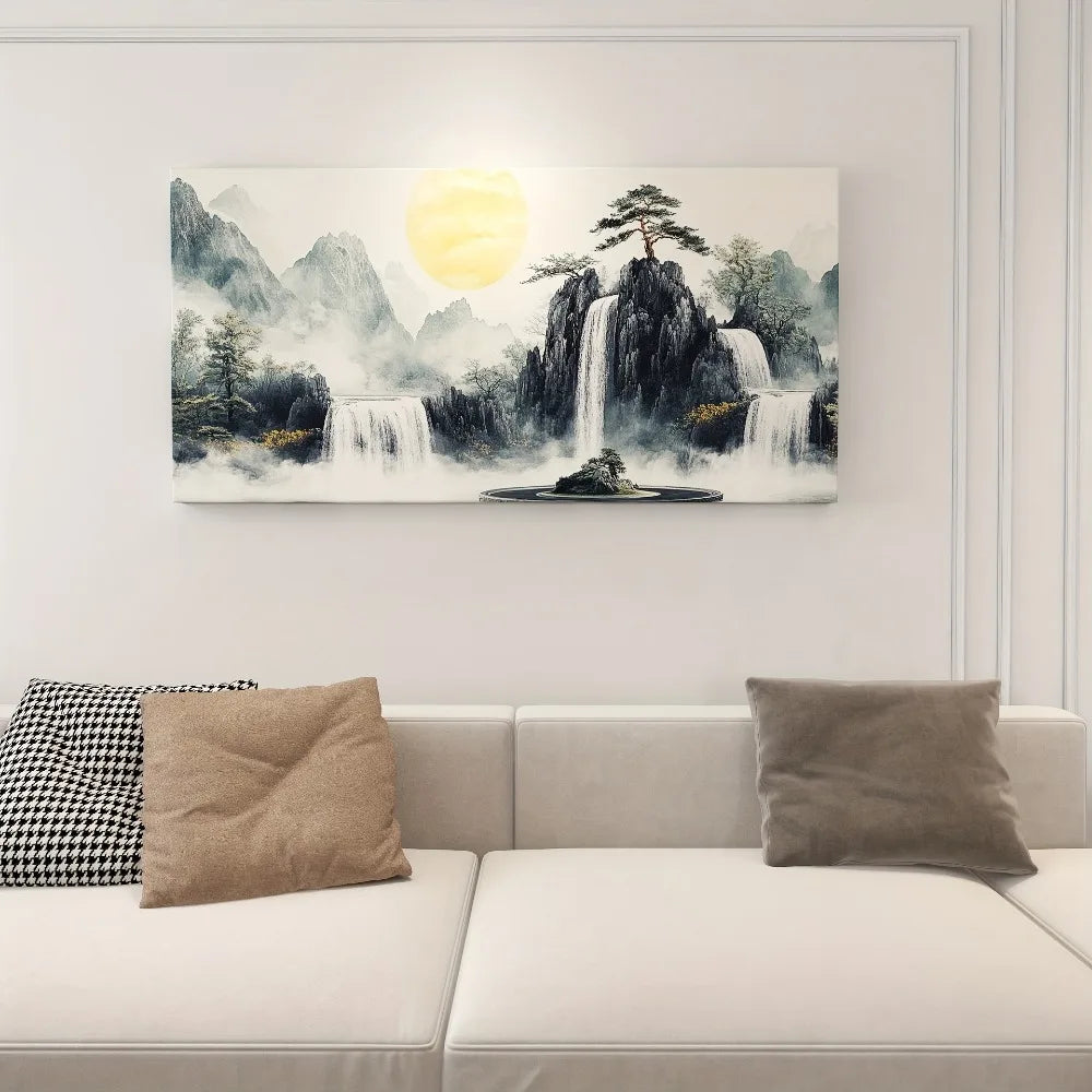 1.5 Inch Thick Pine Frame Mountain View Canvas Wall Art Peaceful Scenery of Mountains Waterfalls and Pine Trees - Cheerful Home Finds
