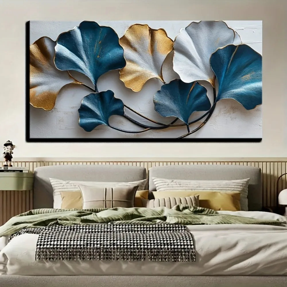 Blue And Yellow Leaf Canvas Wall Art Elegant Sketch Still Life Home Decor 1.5 Inch Thick Pine Solid Wood Frame - Cheerful Home Finds