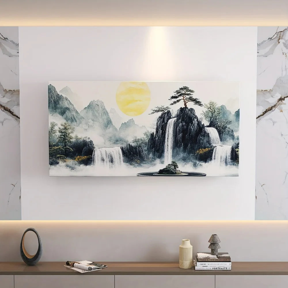 1.5 Inch Thick Pine Frame Mountain View Canvas Wall Art Peaceful Scenery of Mountains Waterfalls and Pine Trees - Cheerful Home Finds