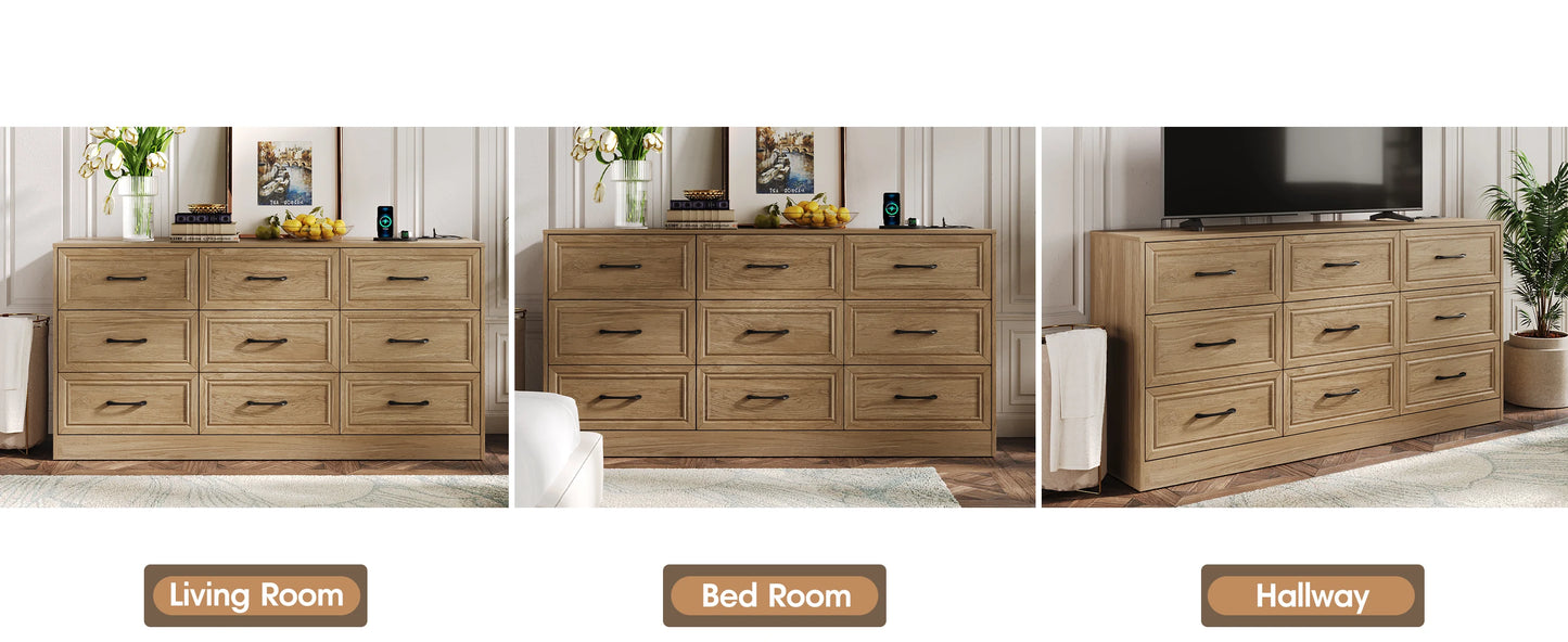 Vabches Wood Dresser for Bedroom 9 Drawer Storage Organizer with Power Outlet and Metal Handles - Cheerful Home Finds