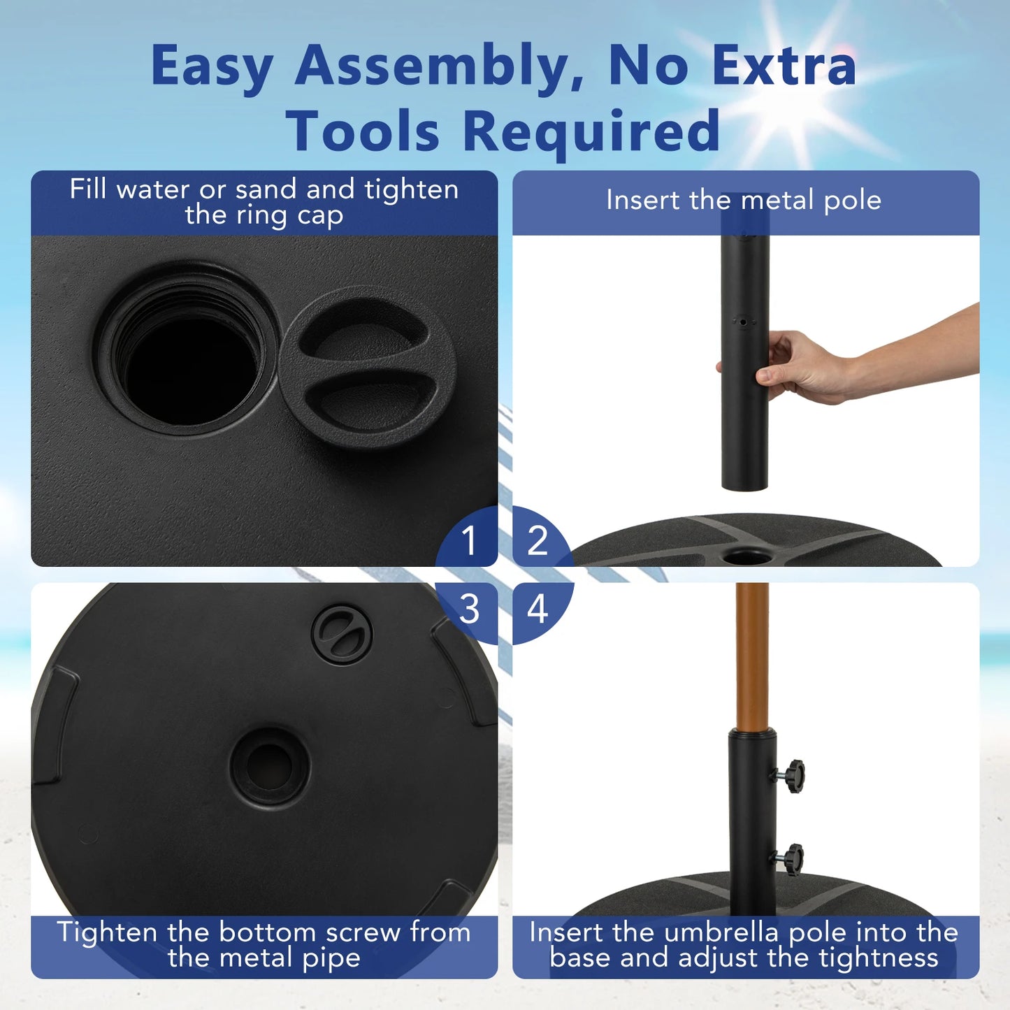 Patio Round Umbrella Base with Two Adjustable Knobs and Three Adapters for Outdoor Poolside Use
