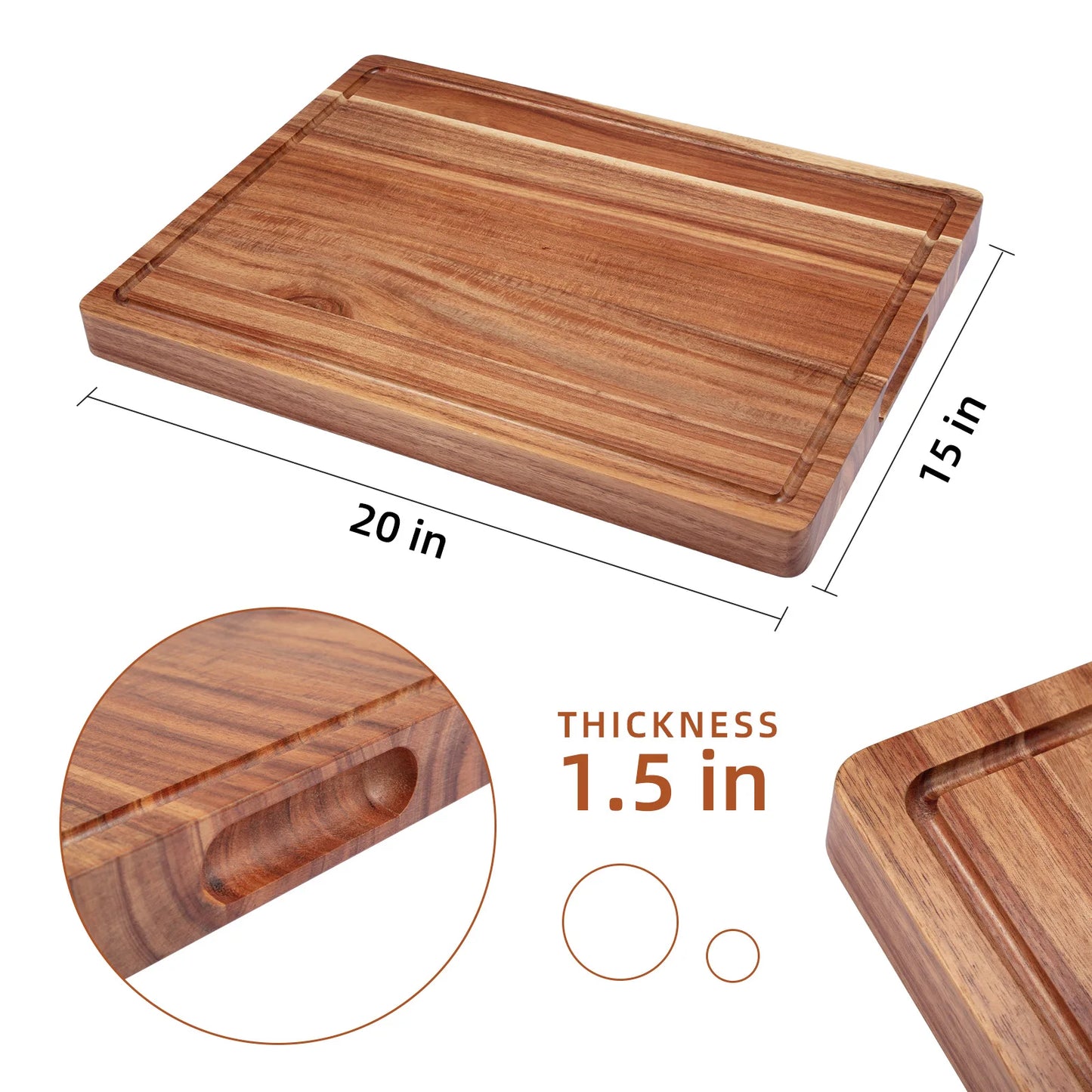 Acacia Large Wood Cutting Board 1.5 Inches Thick Butcher Block - Cheerful Home Finds
